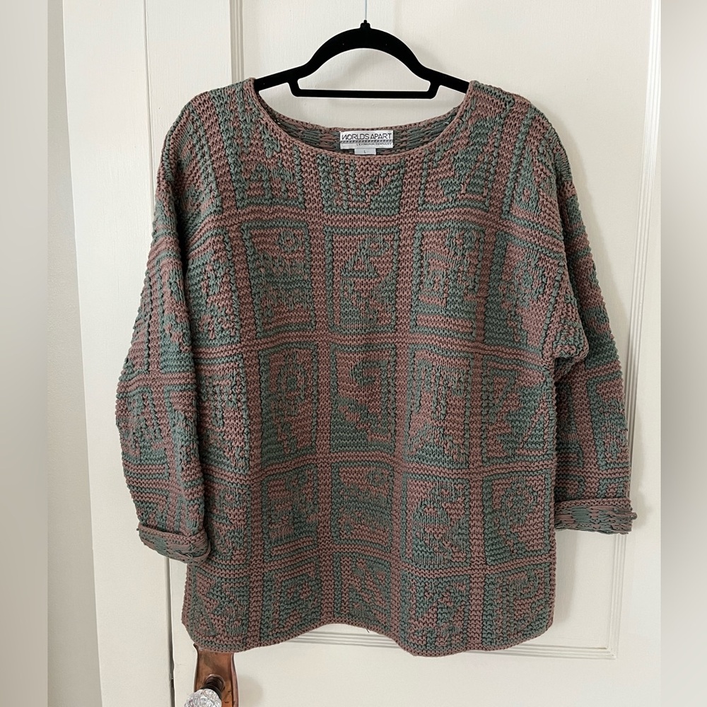 Women’s Worlds Apart Brown/Green Vintage Oversized Knit Sweater (L)
